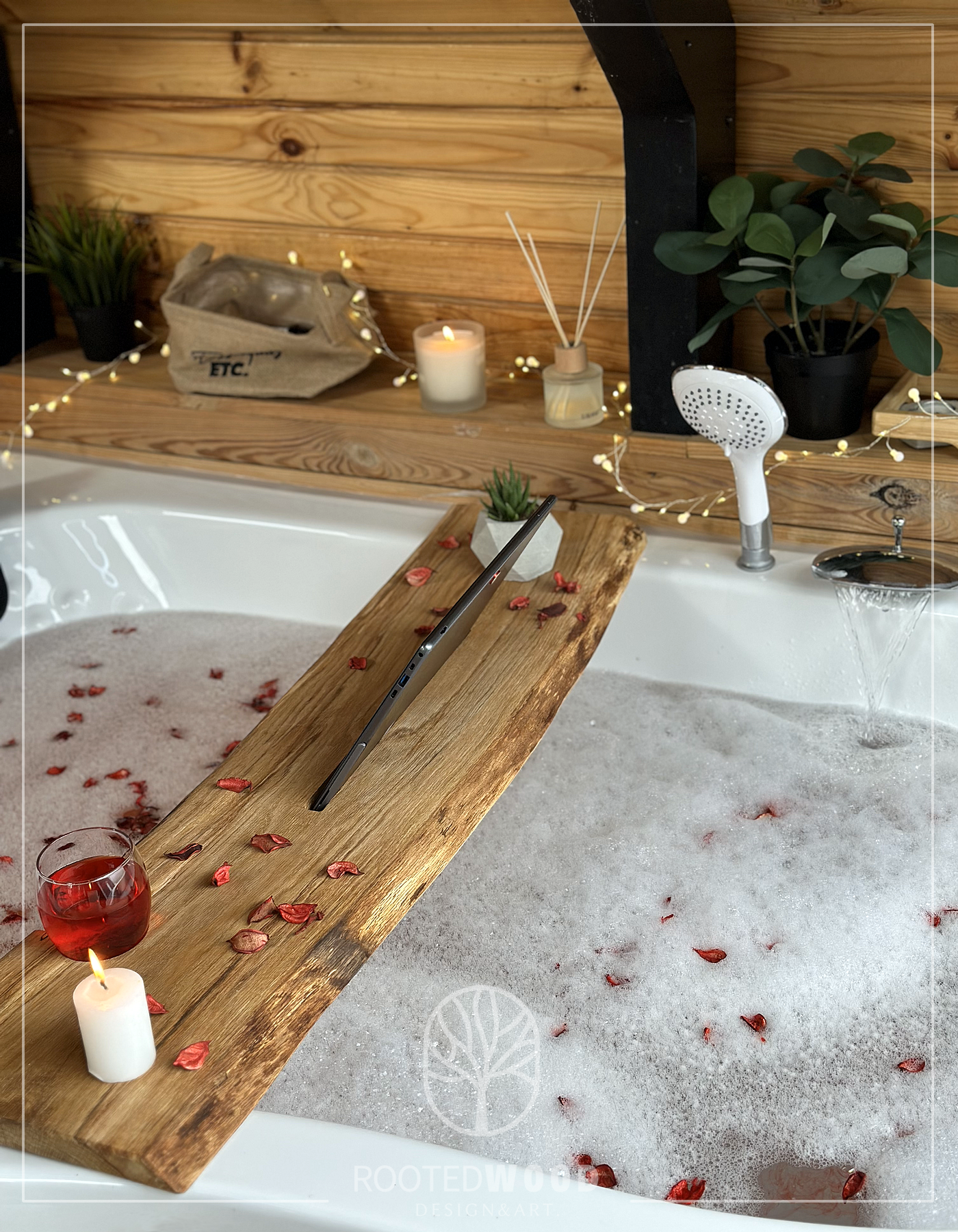 Rustic Wooden Bath Caddy with Tablet, Wine Glass & Candle Light Holders,, Natural Edge, Spa Gift, Jacuzzi Board, Bath Rack