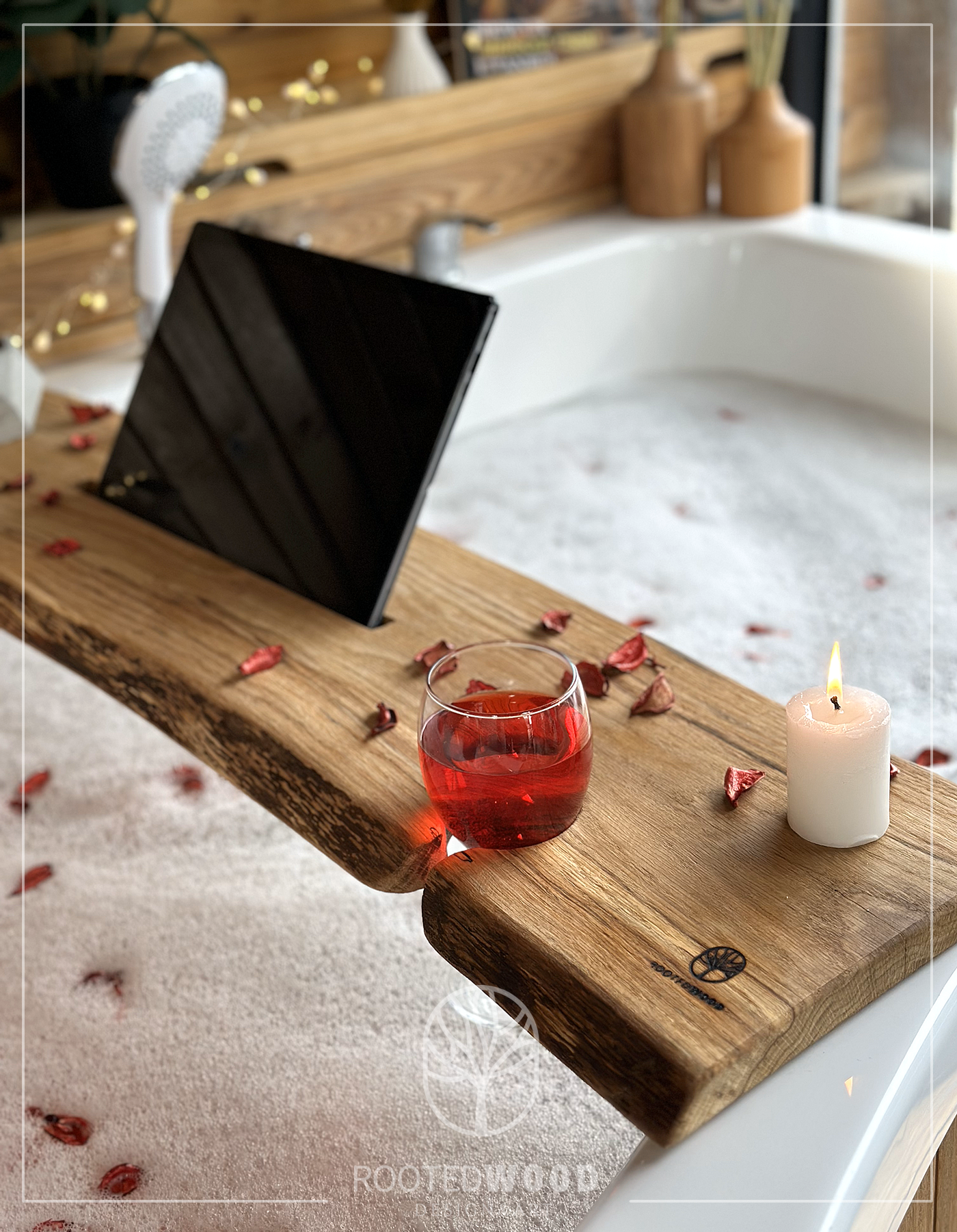 Rustic Wooden Bath Caddy with Tablet, Wine Glass & Candle Light Holders, , Natural Edge, Spa Gift, Jacuzzi Board, Bath Rack